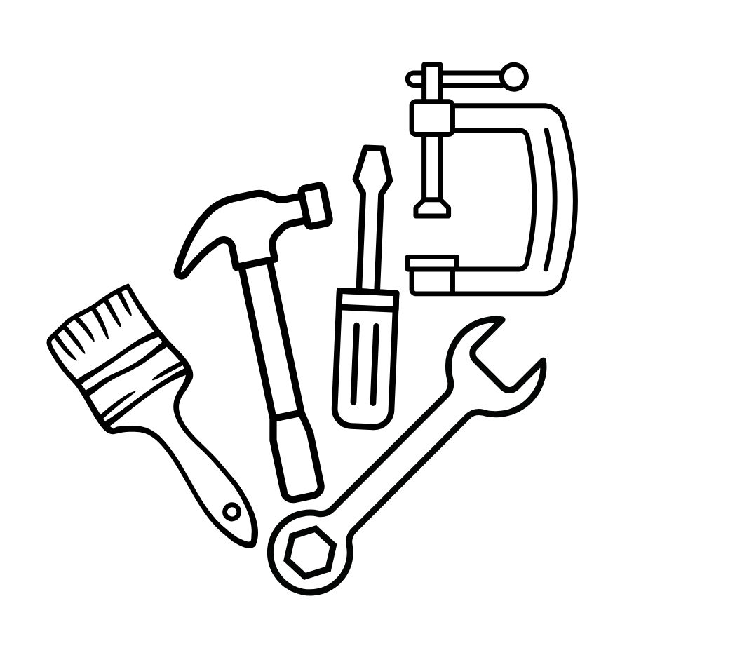 Safety check toolbox Illustration of a couple of tools: paint brush, hammer, wrench, clamp, screwdriver