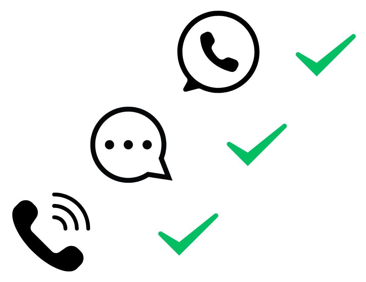 Available channels for the safety check Illustration showing three icons from top right to bottom left:</p>
<p>(1) WhatsApp-denoting icon<br />
(2) SMS icon<br />
(3) Voice call icon</p>
<p>The icons each have a green check mark on the right.